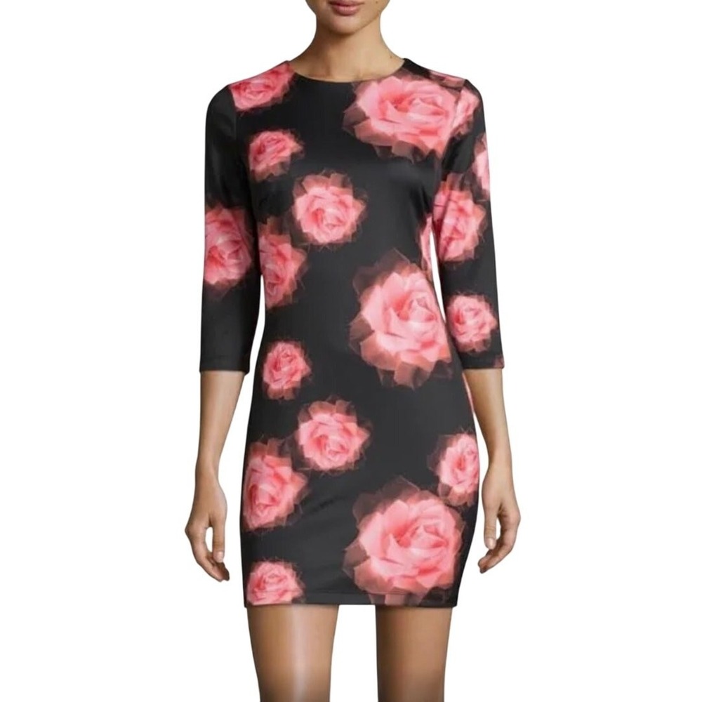 Alexia Admor Sheath Dress Womens Black Pink Rose Floral 3/4 Sleeve Mini Size M